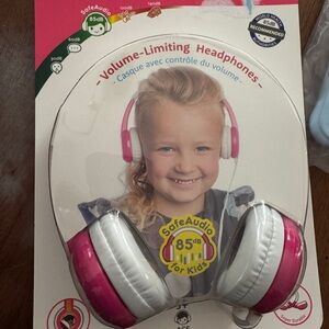 Pink and White Volume-Limiting Headphones for Kids